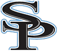 Stylized black letters S and P overlapping with a blue outline on a white background. Description generated by AI
