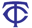 A bold, abstract blue shape resembling a stylized letter T with an extended curved arm on a white background. Description generated by AI