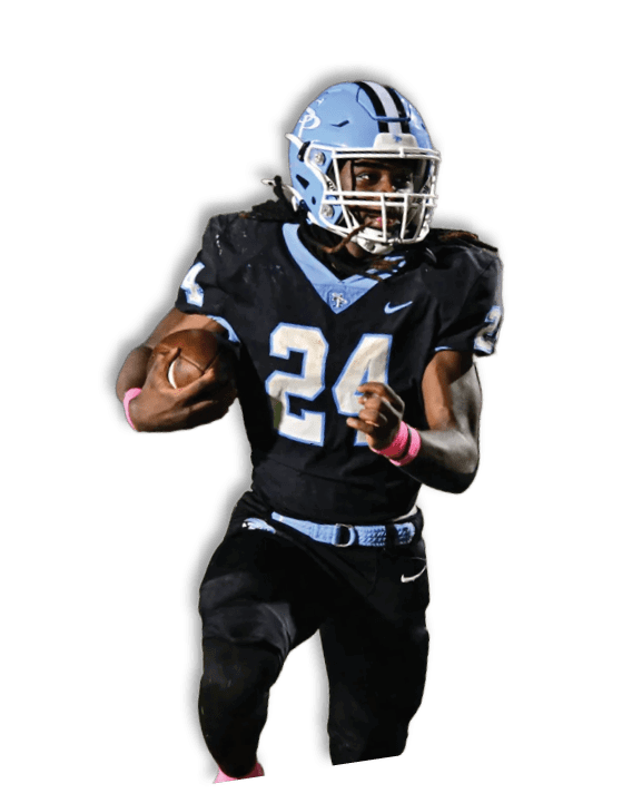 A person wearing a black football uniform with the number 24 and a light blue helmet is running on a field while holding a football. Description generated by AI