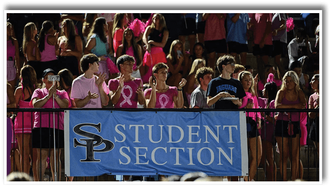 A group of people wearing pink and holding pink pom-poms stand behind a blue banner that reads “SP Student Section" at a nighttime event. Description generated by AI