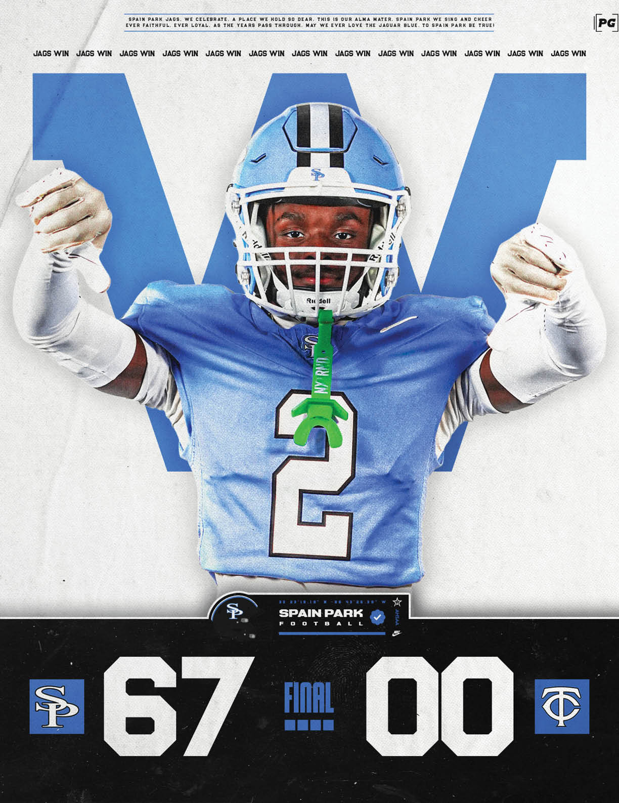 A person in a blue football uniform with the number two is celebrating in front of a large blue letter W with a scoreboard showing a final score of 67 to 0. Description generated by AI