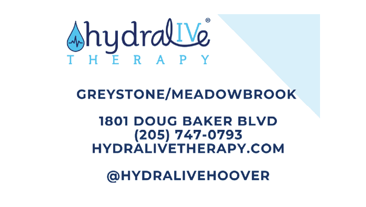 Hydralive Therapy logo with contact information for Greystone/Meadowbrook location including address, phone number, and website. Description generated by AI