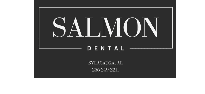 The image shows a black background with the text “SALMON DENTAL" in large white letters and "SYLACAUGA, AL 256-249-2211" below it. Description generated by AI