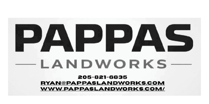 The image shows a bold black logo for Pappas Landworks with contact information including a phone number and email address in black text on a white background. Description generated by AI