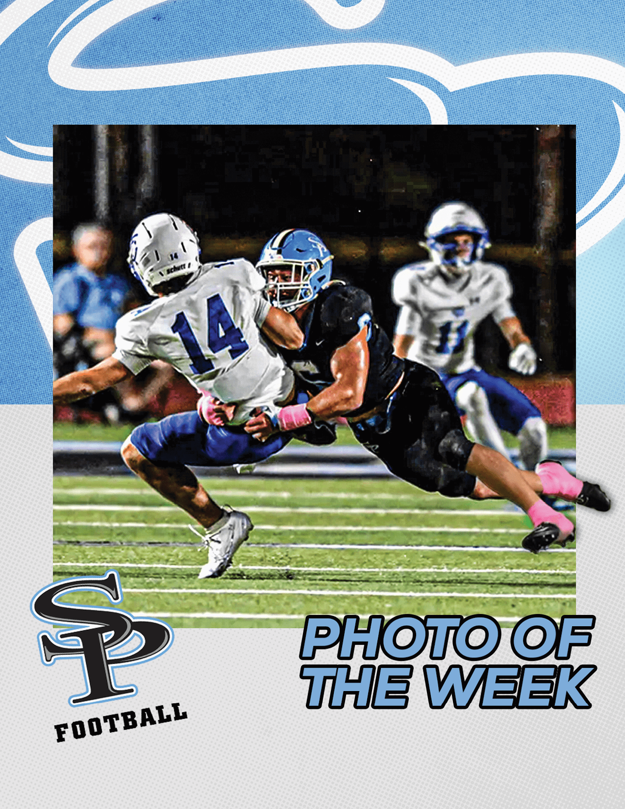 Two football players in action on a field at night with one player in black tackling another player in white and blue, accompanied by the text “SP Football Photo of the Week." Description generated by AI