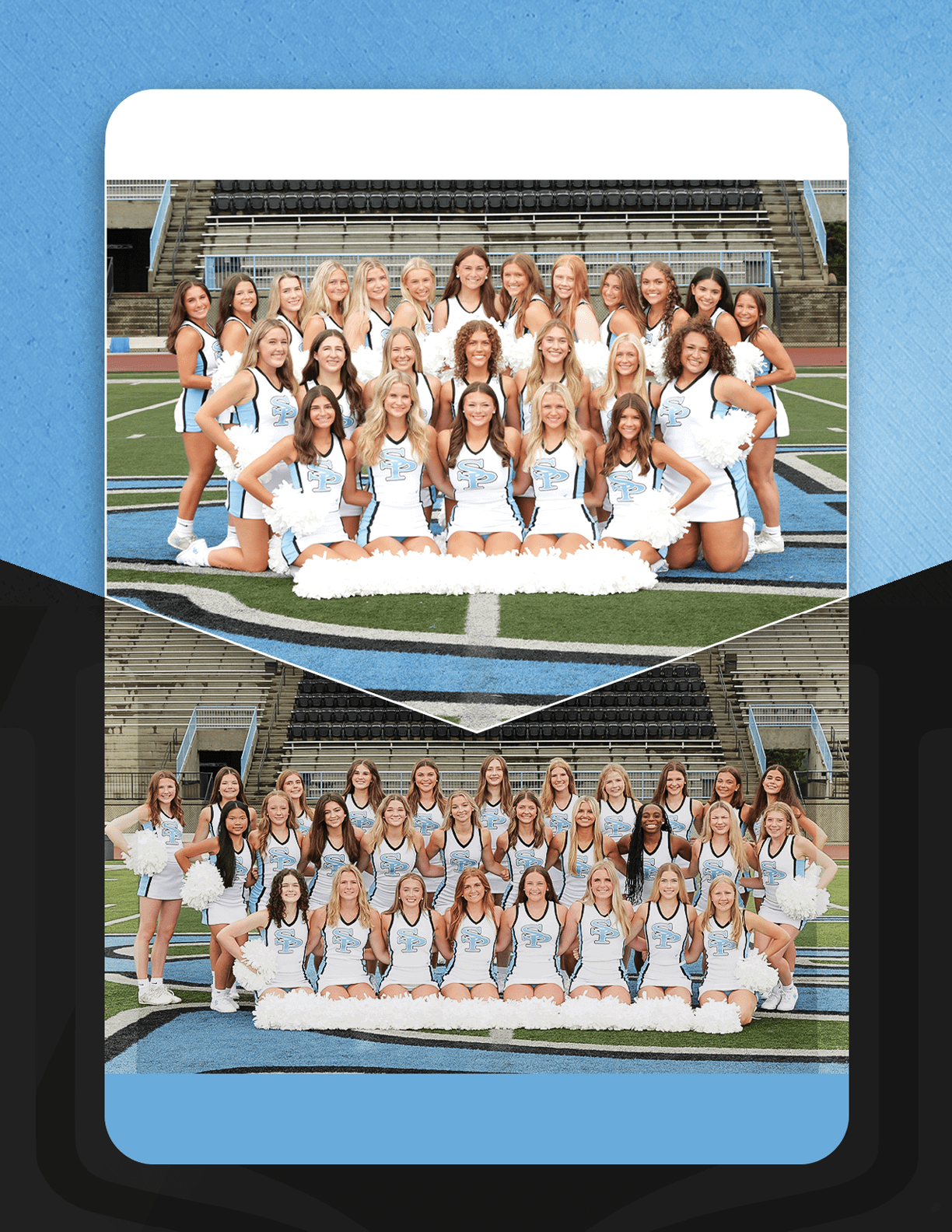 A group of cheerleaders in uniforms posing for a picture. AI generated content