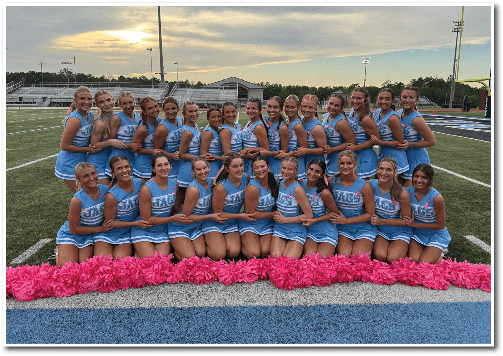 A group of adults in matching blue cheerleading uniforms pose together on a football field with pink pom-poms arranged in front of them during sunset. Description generated by AI
