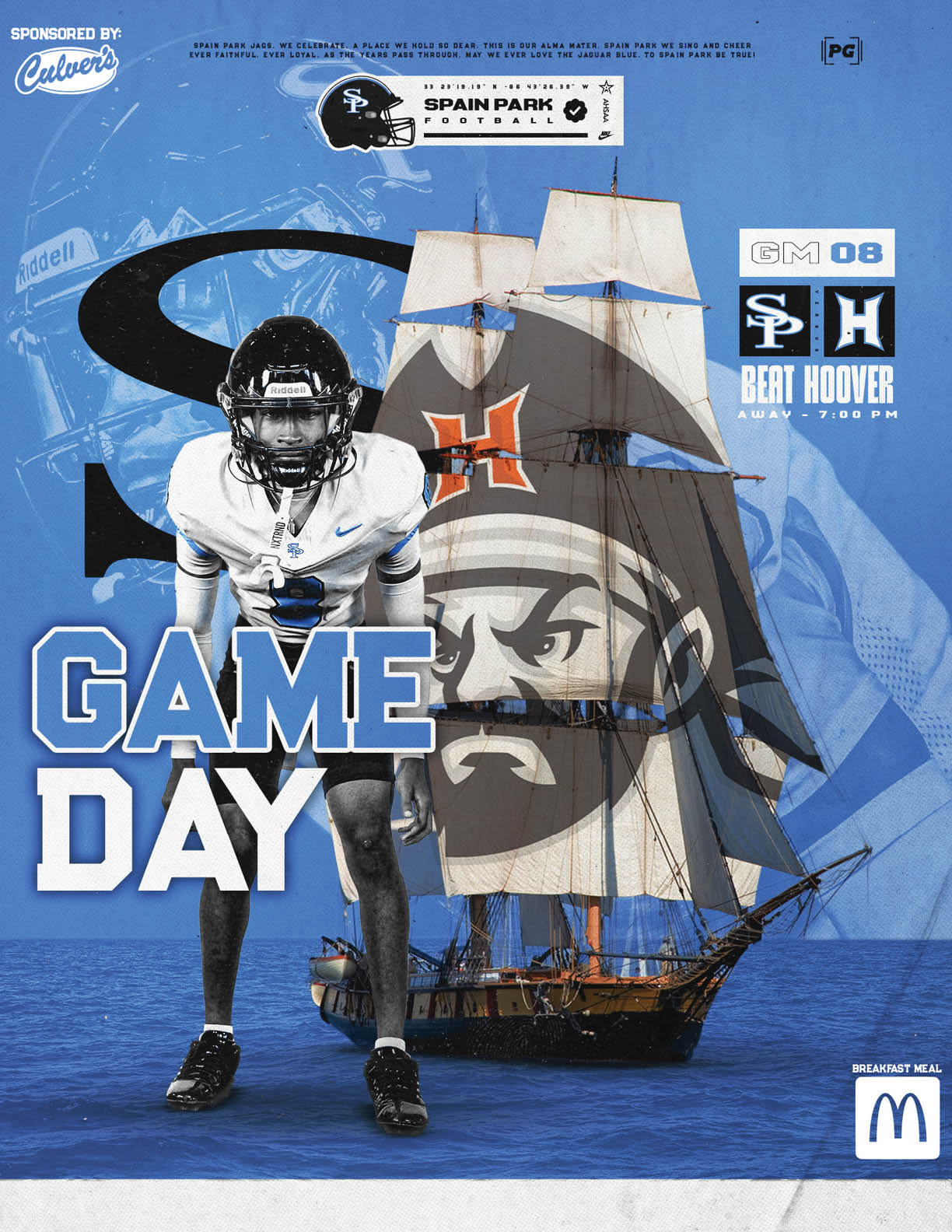 A person in football gear stands in front of a large sailing ship with a pirate logo on its sails, with text announcing a football game day between Spain Park and Hoover. Description generated by AI