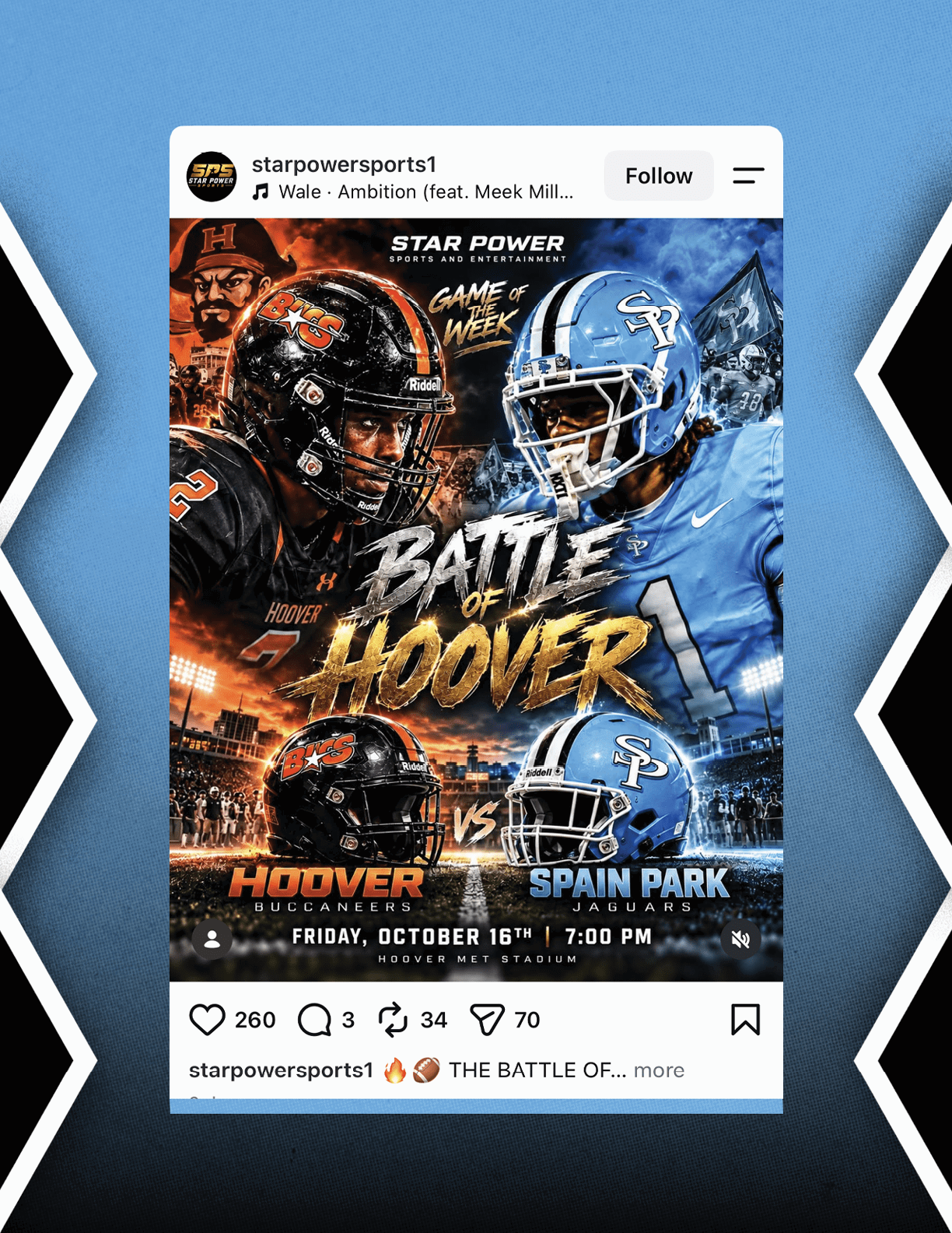 A promotional graphic for a football game titled Battle of Hoover features two players in helmets facing each other with team names Hoover and Spain Park and the game date and time displayed. Description generated by AI
