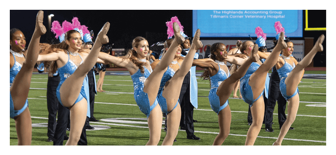 A group of adults in blue and silver dance costumes with pink feathered headpieces perform a high kick routine on a football field. Description generated by AI