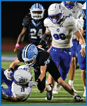 People wearing blue and white football uniforms are actively running on a field during a game. Description generated by AI
