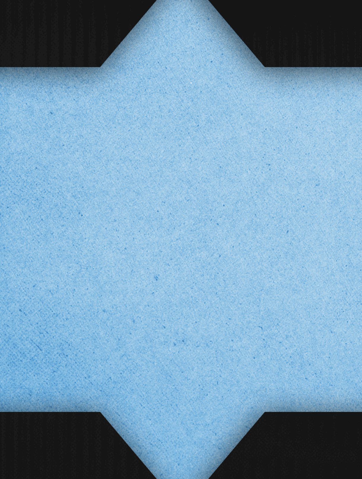 A blue textured shape with four pointed extensions on each side is centered on a black background with subtle vertical stripes. Description generated by AI