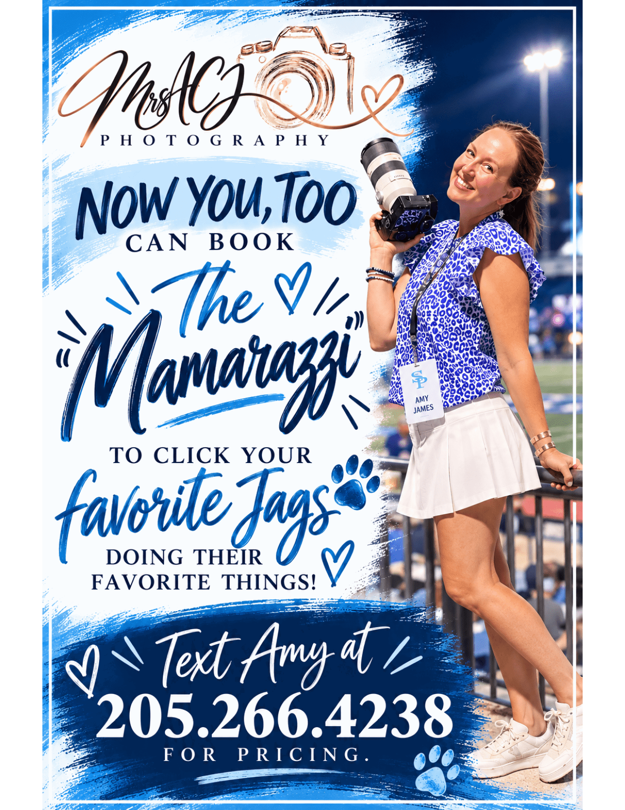 A person wearing a blue patterned top and white skirt is holding a camera and smiling next to a promotional sign for photography services encouraging booking to capture favorite moments with a contact number for pricing. Description generated by AI