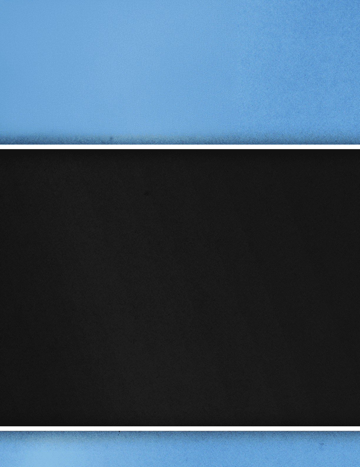 Two rectangular fabric swatches are shown, one in light blue on top and one in black on the bottom, separated by a white border. Description generated by AI