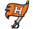 An orange flag with a stylized letter H is attached to a sword with a black handle. Description generated by AI