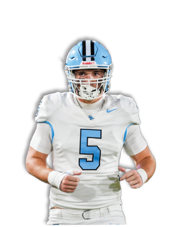 A person wearing a light blue football helmet and a white sports jersey is partially visible on the right side of the image. Description generated by AI