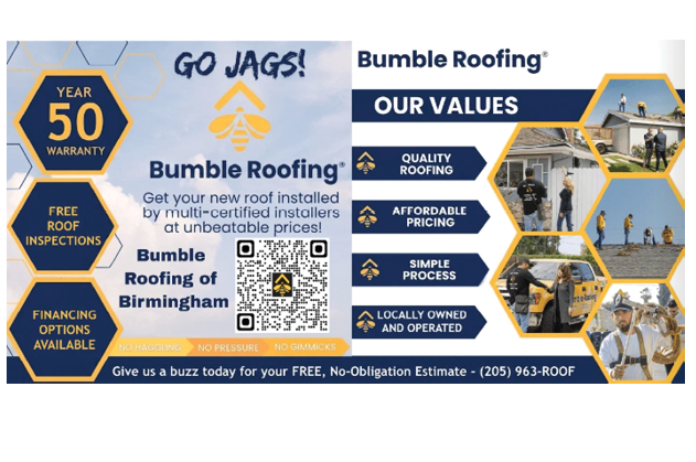 An advertisement for Bumble Roofing features hexagonal shapes with text about warranty, free roof inspections, financing options, and values like quality roofing, affordable pricing, simple process, and local ownership, alongside photos of people working on roofs. Description generated by AI