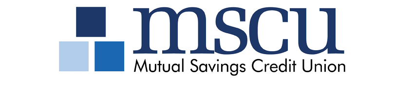 The logo features three blue squares arranged in an L shape next to the text “mscu" in large lowercase letters with "Mutual Savings Credit Union" written below in smaller font. Description generated by AI