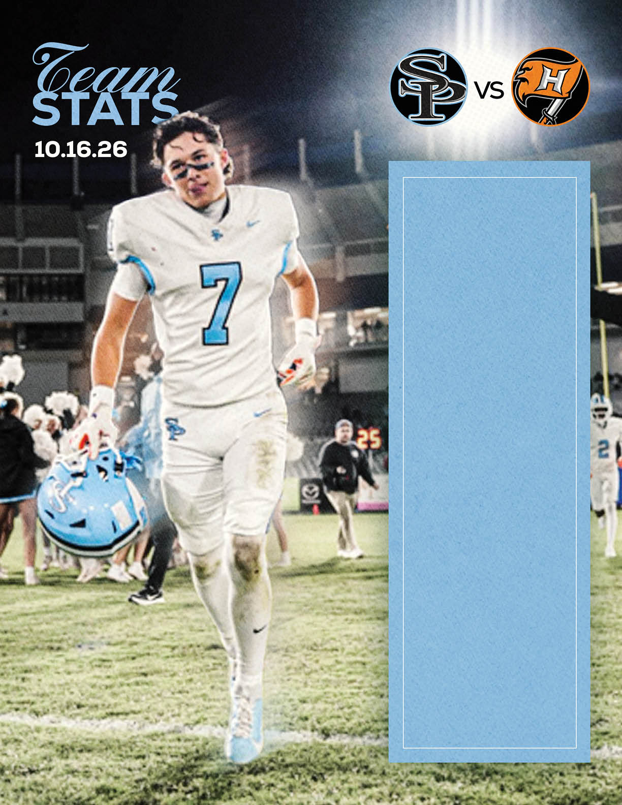 An adult athlete in a white football uniform with the number seven is walking on a field holding a blue helmet with a scoreboard and other players in the background, alongside a graphic showing team stats for a game between two teams on October 16, 2026. Description generated by AI
