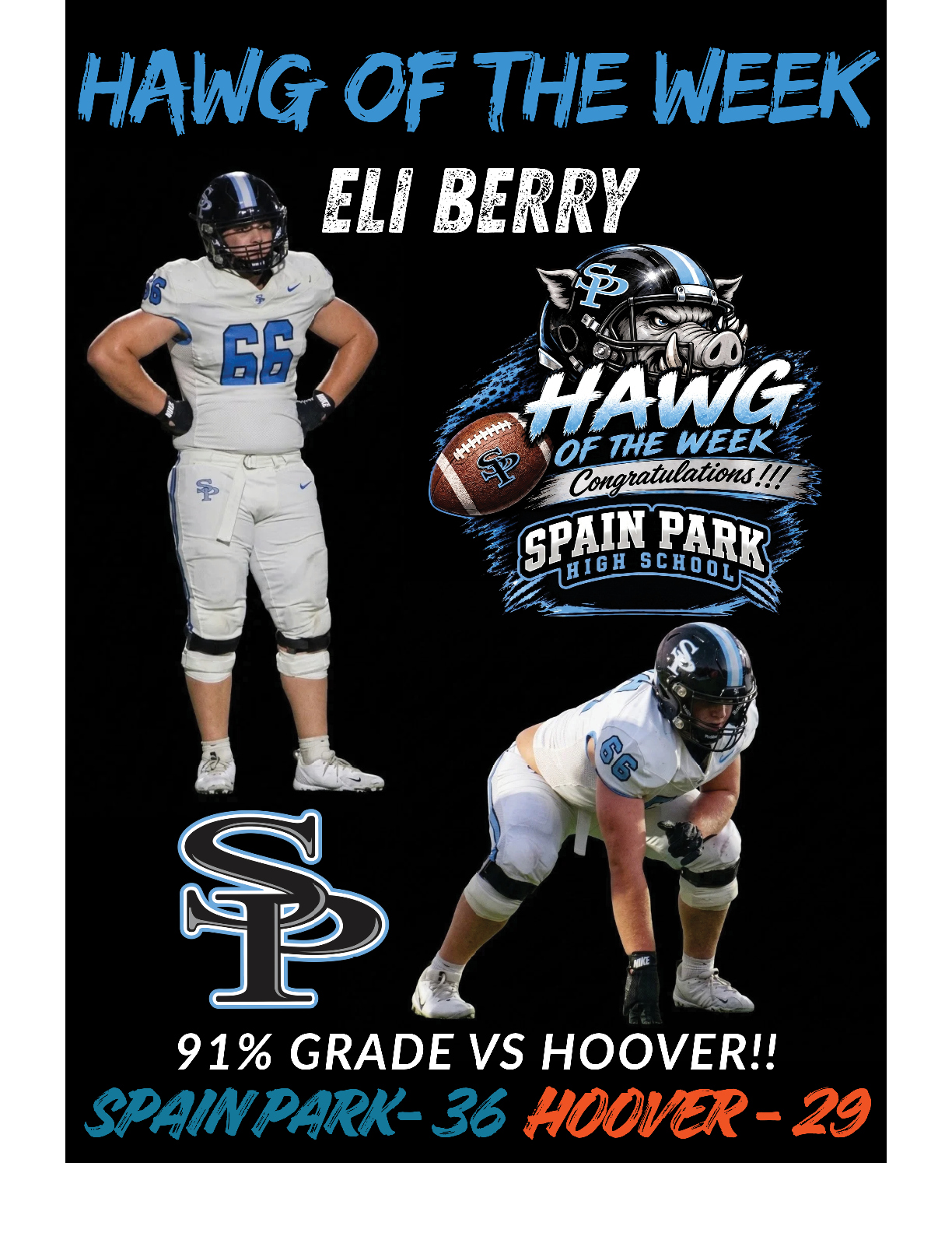A sports graphic celebrates a player named Eli Berry as “Hawg of the Week" for Spain Park High School with two action photos of the player in football gear and a score comparison against Hoover. Description generated by AI