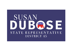 A blue and white political advertisement featuring a woman's name and a picture of the American flag. AI generated content