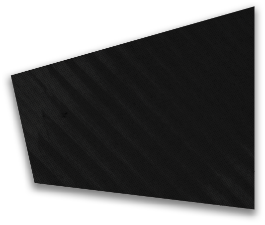 A black irregular quadrilateral shape with subtle diagonal lines and a soft shadow on a white background. Description generated by AI