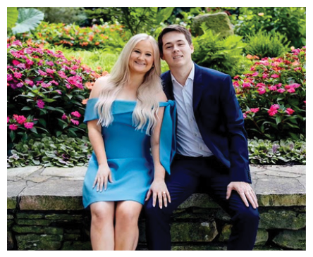 Two adults dressed formally are sitting closely together on a stone bench in a garden with vibrant flowers and greenery. Description generated by AI