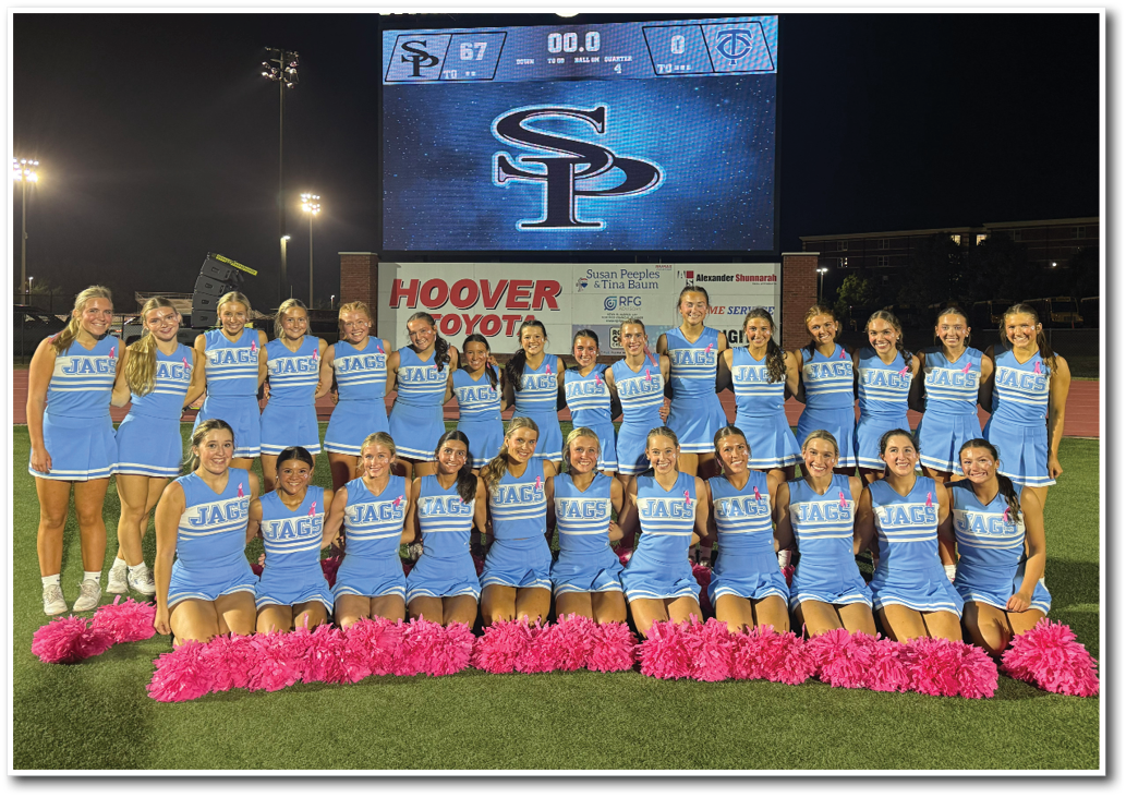 A group of adults in blue cheerleading uniforms with pink pom-poms pose on a football field in front of a scoreboard showing a final score at Spain Park High School. Description generated by AI