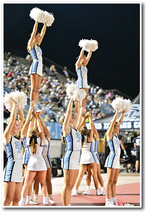 A group of cheerleaders in blue and white uniforms perform a coordinated stunt with some lifted high holding pom-poms at a nighttime sports event. Description generated by AI
