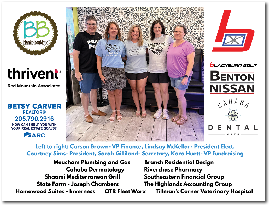 Five people pose for a photo in front of a wall with a logo for Thrivent. AI generated content