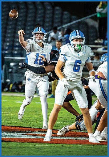 A person wearing a white sports uniform with the number 10 is preparing to throw a football on a grassy field. Description generated by AI