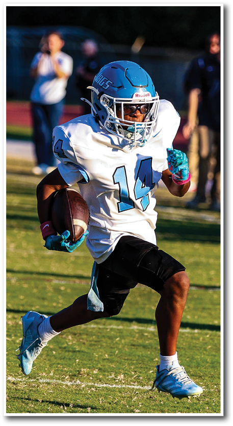 A person wearing a blue helmet and white football jersey with the number 14 is running on a grassy field while holding a football. Description generated by AI