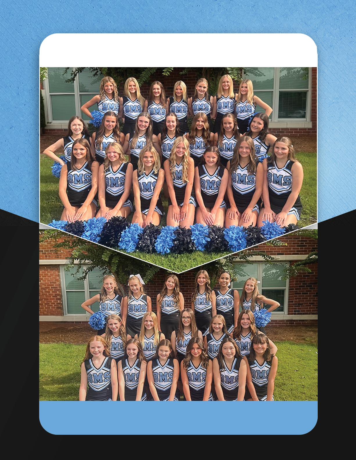 A group of cheerleaders in uniforms pose for a photo. AI generated content