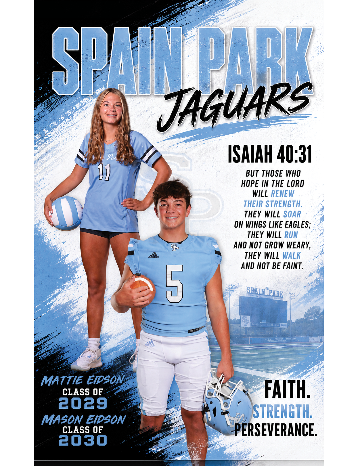 A football player and cheerleader pose for a poster advertising the Jaguars. AI generated content
