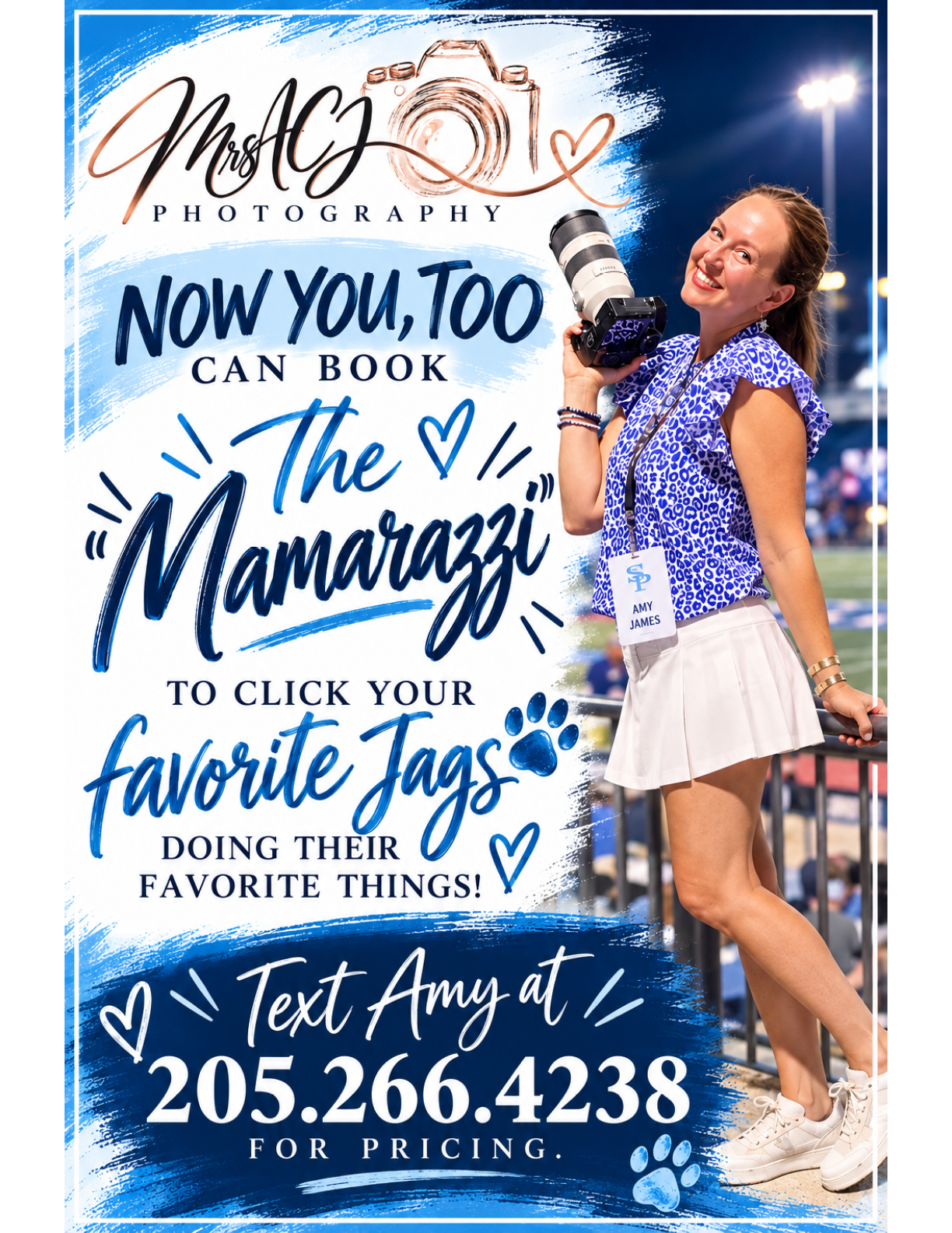 A person wearing a blue patterned top and white skirt is holding a camera and smiling next to a promotional sign for photography services encouraging booking to capture favorite moments with a contact number for pricing. Description generated by AI