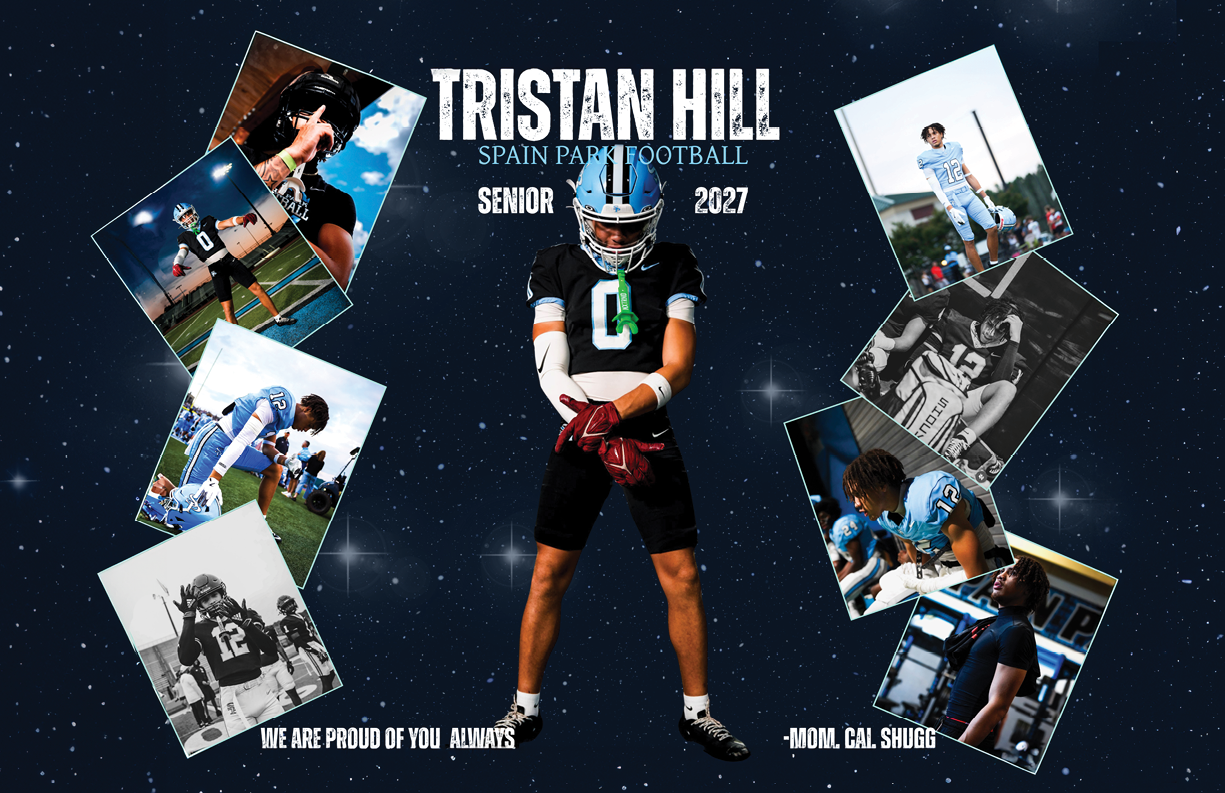 A football player is shown in a collage of photos, wearing a football uniform and holding a football. The player is standing in front of a backdrop with the words “Tristan Hill Senior 2017" written on it. AI generated content