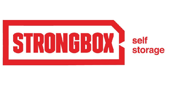 A red and white sign that says “Strongbox Self Storage". AI generated content