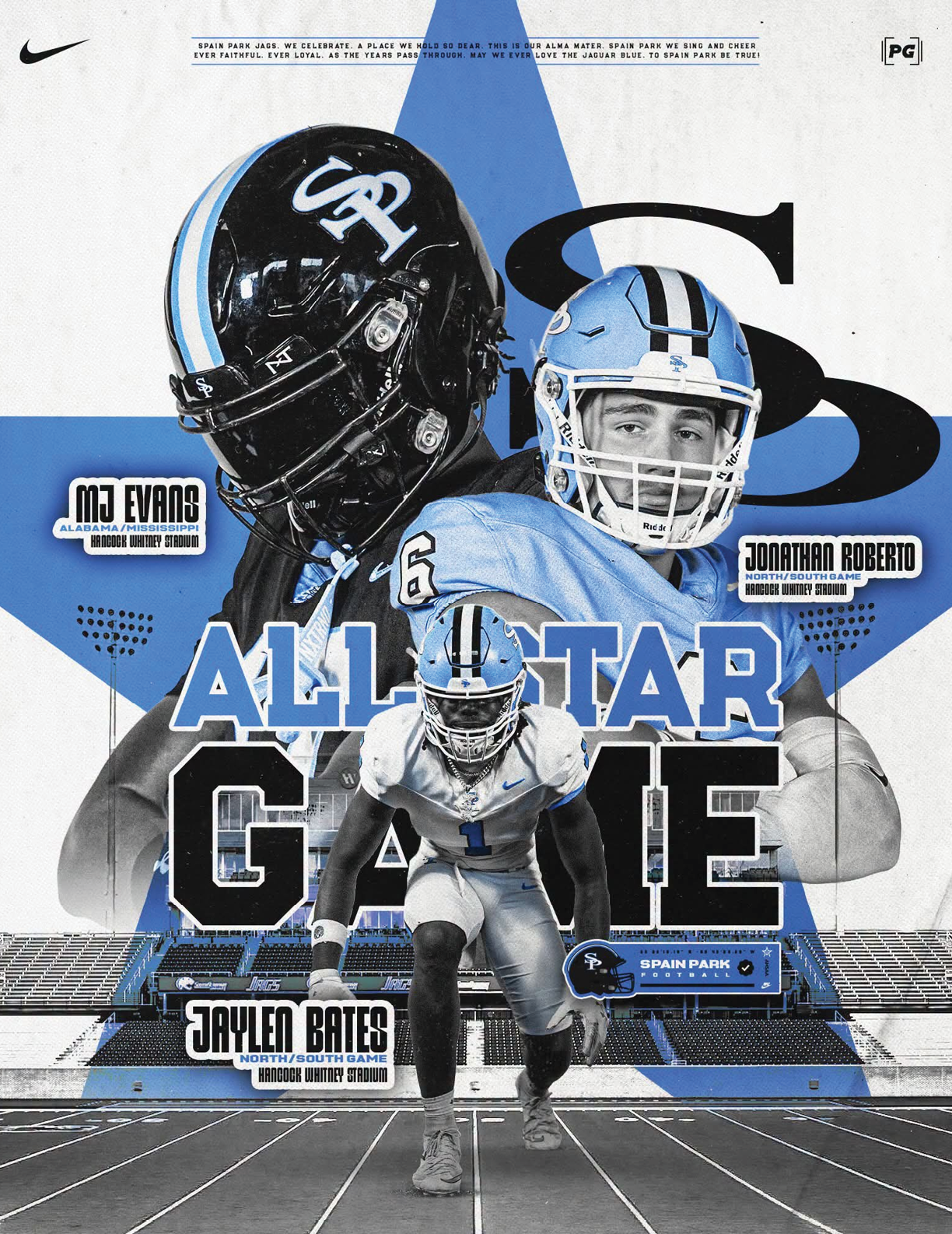 Two athletes in football uniforms are featured with one running on a field and the other standing with a helmet, overlaid with bold text reading “All-Star Game" and a large star graphic in the background. Description generated by AI