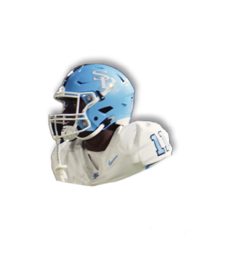 A person wearing a light blue football helmet with white lettering and a white jersey with the number 11 on the shoulder. Description generated by AI