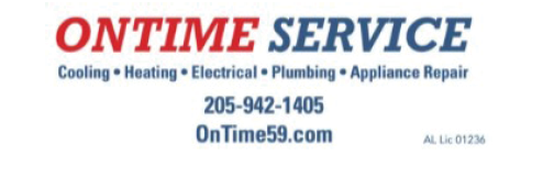 A business card for On Time Service, which offers cooling, heating, electrical, plumbing, and appliance repair services. AI generated content