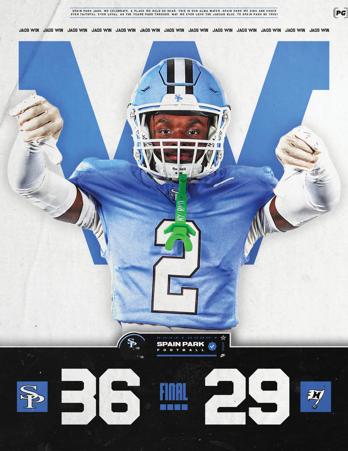 A person in a blue football uniform with the number two is celebrating in front of a large blue letter W with a scoreboard showing a final score of 67 to 0. Description generated by AI
