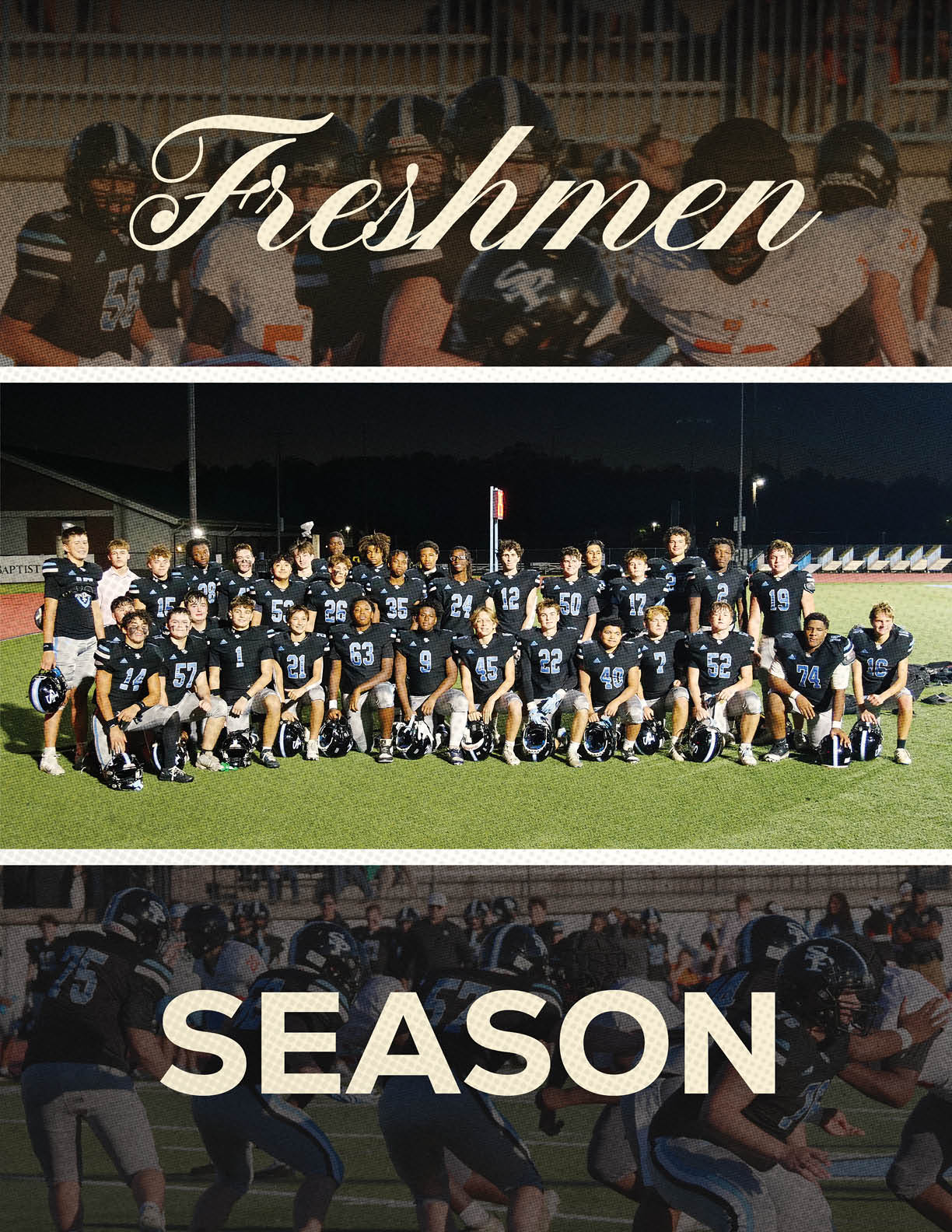 A large group of people in dark sports uniforms pose together on a football field at night with the words Freshmen and Season displayed above and below the group. Description generated by AI