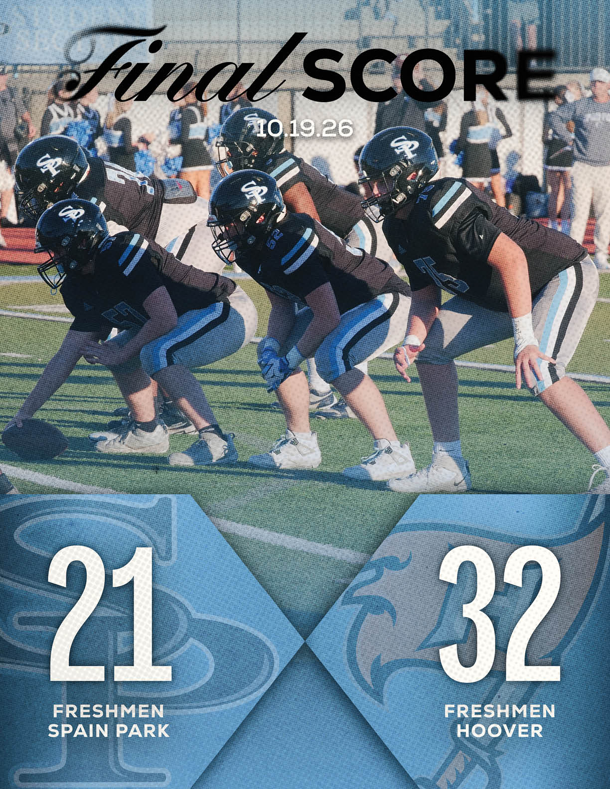 A group of people in black sports uniforms are lined up on a football field with a final score graphic showing one team with 21 points and the other with 32 points. Description generated by AI