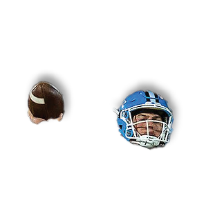 A person wearing a blue football helmet is facing a football held by another person. Description generated by AI