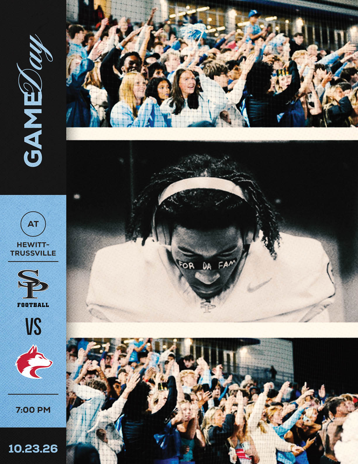A sports event announcement features a player with face paint and a headband looking down, surrounded by cheering crowds, with text indicating a football game between Hewitt-Trussville and a team with a husky logo scheduled for 7 PM on October 23, 2026. Description generated by AI