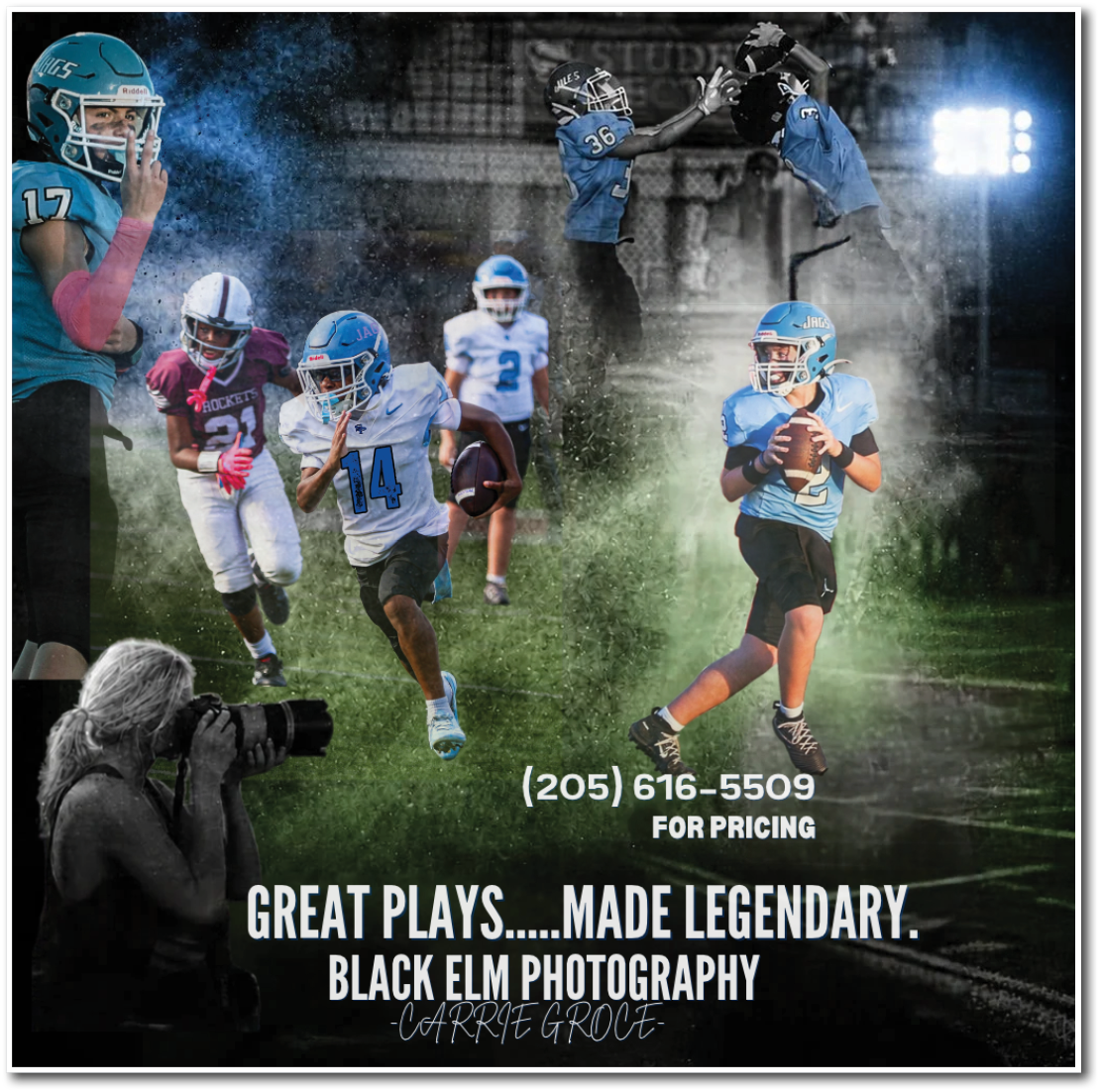 Several children in football uniforms are engaged in various actions such as running, catching, and preparing to throw a football on a field with a dramatic smoky background. Description generated by AI