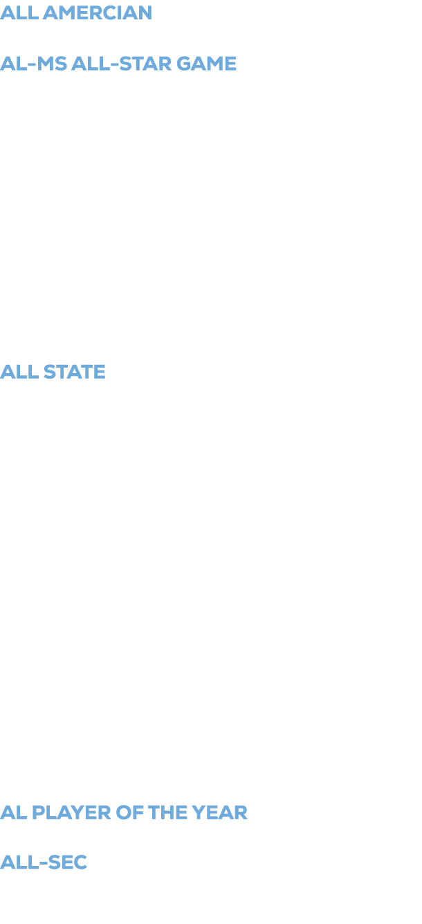 ALL AMERCIAN 2007 William Green Florida AL MS ALL STAR GAME 2025 Brock Bradley Clemson 2025 Hudson Reed UAB 2020 Drak...