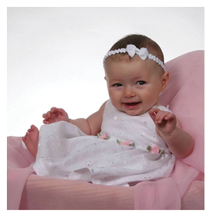 A baby girl is sitting in a pink chair, wearing a white dress and a bow in her hair. She is smiling and appears to be enjoying her time. AI generated content