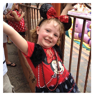 A young girl wearing a Minnie Mouse outfit and holding onto a railing. AI generated content