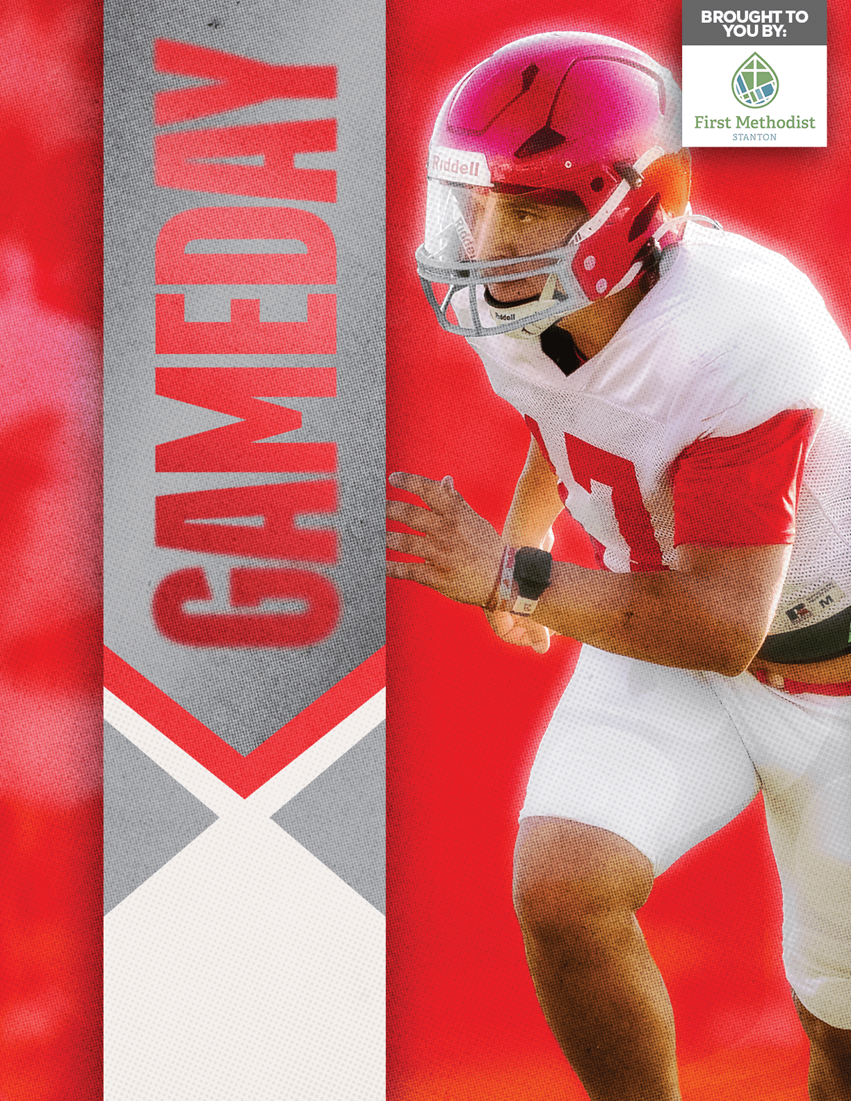 A football player in a white jersey with red stripes tackles another player. Description generated by AI
